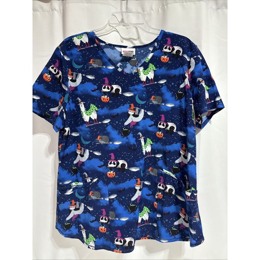 Scrubstar Scrub‎ Top Sloth Halloween Pumpkins Size L Panda Witch Blue